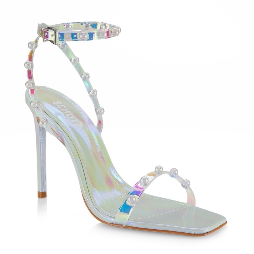 Schutz Pietra Faux Pearl-Embellished Iridescent Vinyl Sandals Size 11